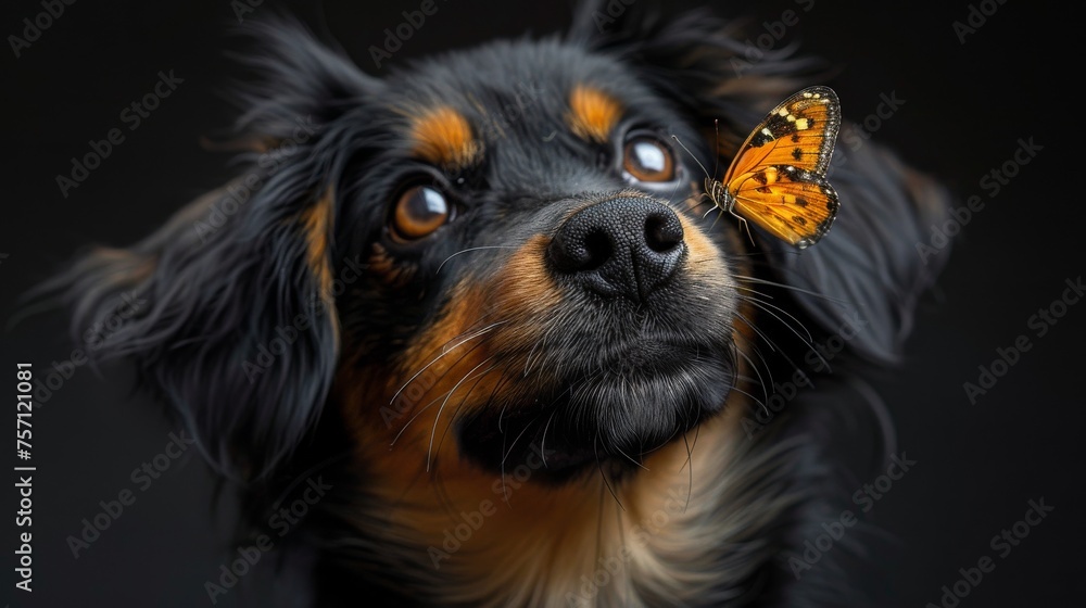 a close up of a dog with a butterfly on it's back end of it's head, looking at the camera. a close up of a dog with a butterfly on it's back end of it's head, looking at the camera.