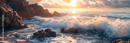 Costline at sunrise with huge waves hitting rocky cliffs on shore