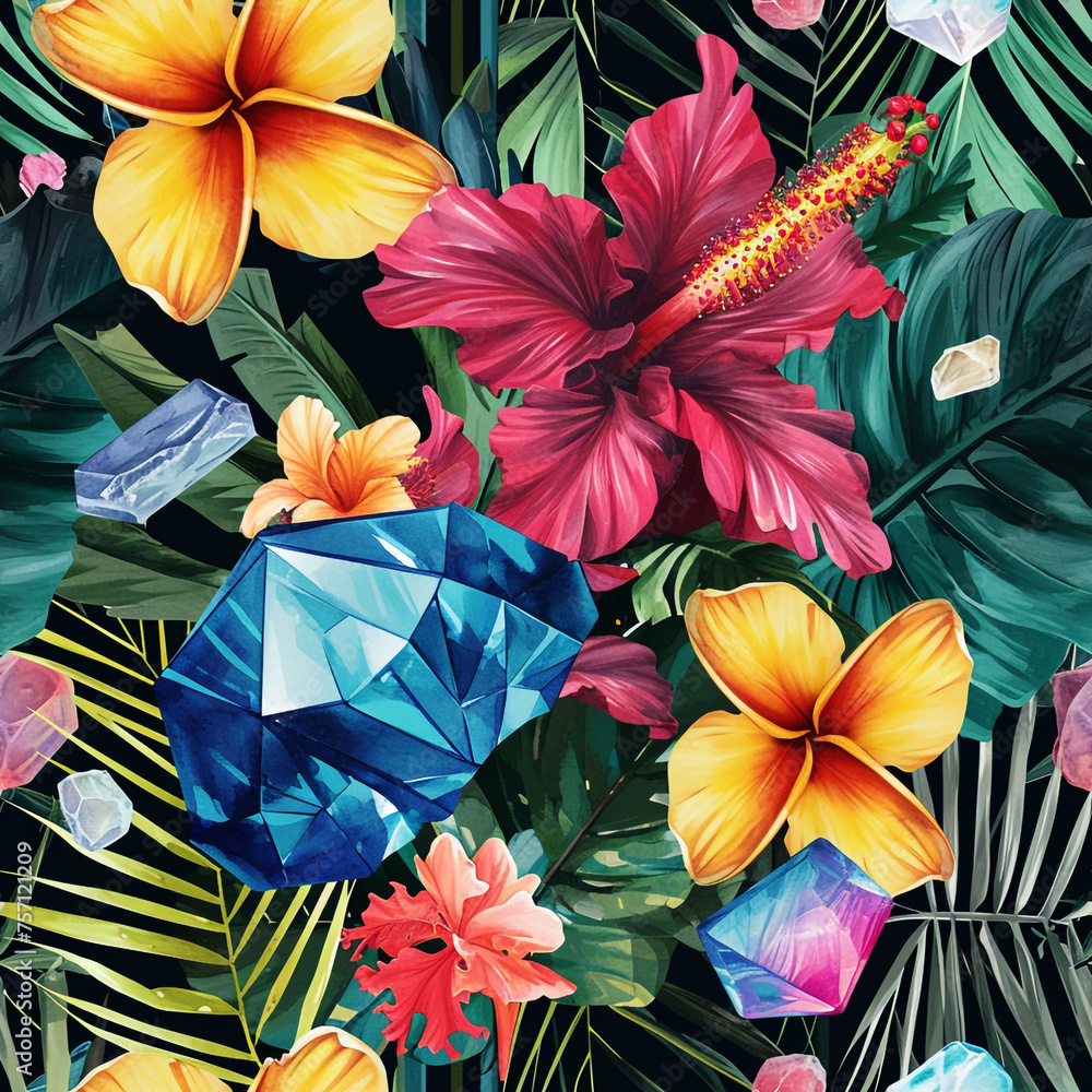 hawaiian hawaii jungle paradise textile tropic palm print watercolor wrapping exotic fabric wallpaper f - obrazy, fototapety, plakaty 