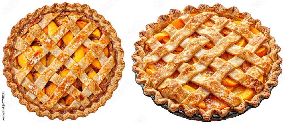 Peach pie with a flaky lattice crust and a juicy peach filling, isolated on a white background, side and top view, dessert bundle Peach pie with a flaky lattice crust and a juicy peach filling, isolated on a white background, side and top view, dessert bundle