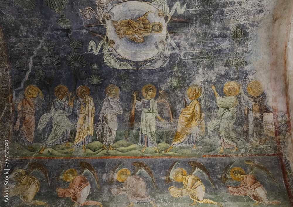 Fresco of the Ascension of the Lord, c.1140-1150, on the vaulted altar ceiling of Saint Sophia -Crkva Sveta Sofija- church. Ohrid-North Macedonia-310