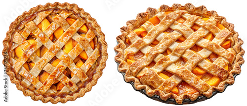 Peach pie with a flaky lattice crust and a juicy peach filling, isolated on a white background, side and top view, dessert bundle