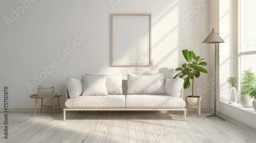 Blank white frame with minimal sofa for mockup presentation