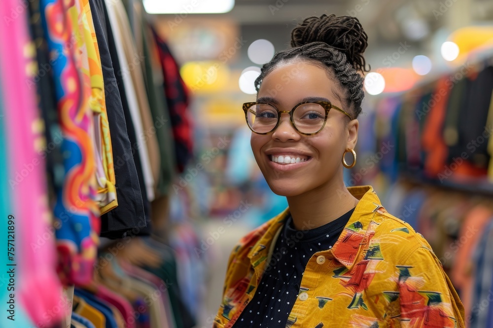 Joyful shopper finding deals on vibrant clothing at a fashion store