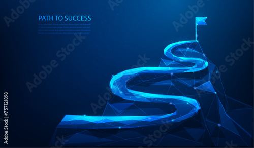 business route to success to goal technology on blue background. leadership vision and goal. target business mission.achievement mountain and flag on peak. vector illustration fantastic.