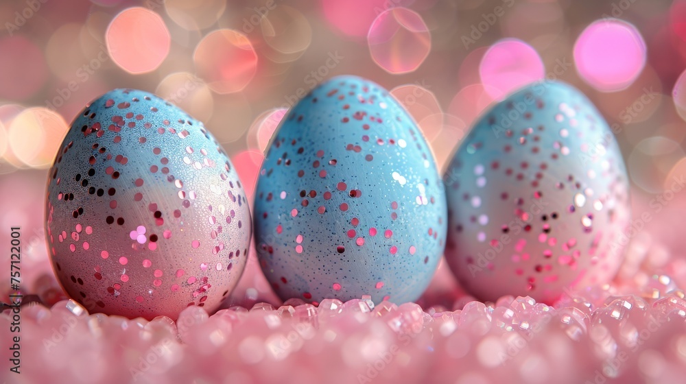 three blue and pink speckled eggs sitting on pink and pink glitter covered ground with pink and pink lights in the background. three blue and pink speckled eggs sitting on pink and pink glitter covered ground with pink and pink lights in the background.