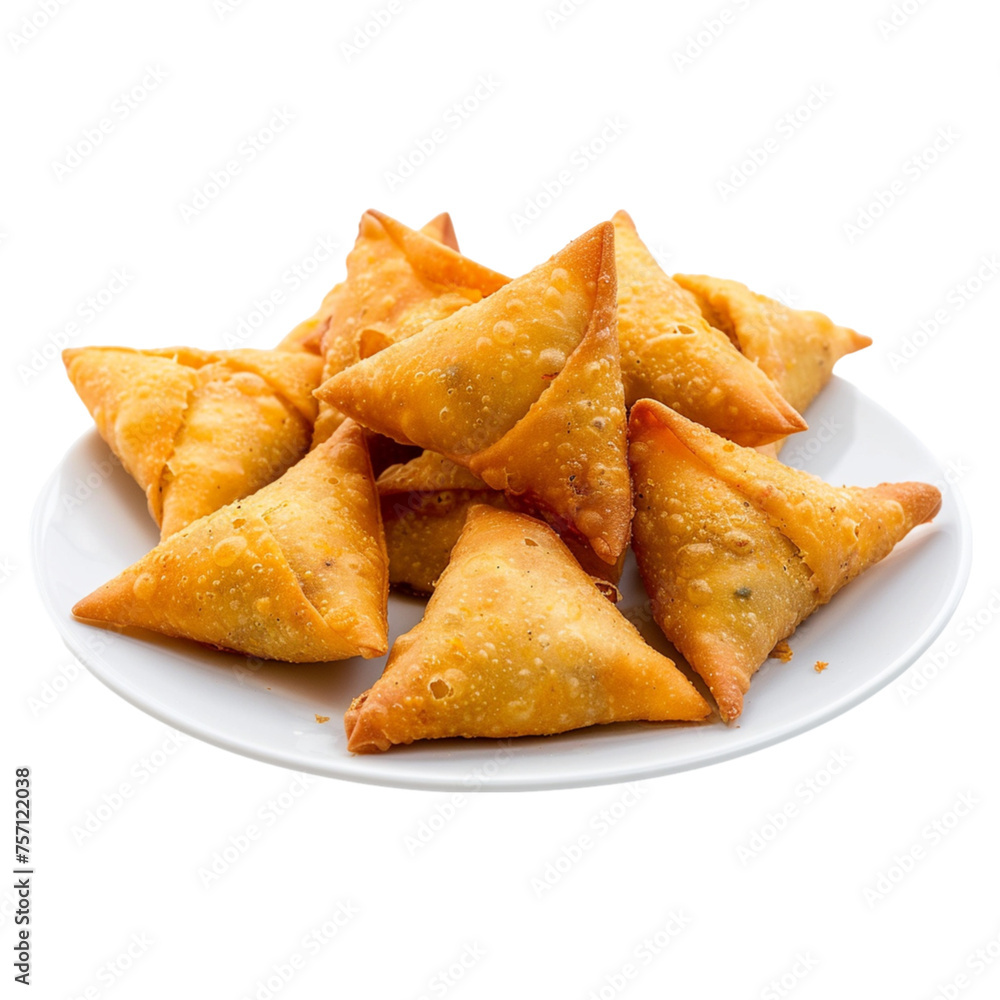 Indian special traditional street food punjabi samosa in plate on transparent background