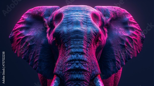 a close up of an elephant's face with a pink and blue light on it's face and it's trunk.