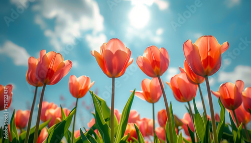 Beautiful colorful blooming tulips against blue cloudy sky in the background in sunlight. Spring and summer floral concept banner.