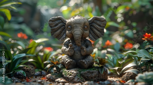 a small statue of an elephant sitting on a rock in the middle of a garden with flowers in the background.