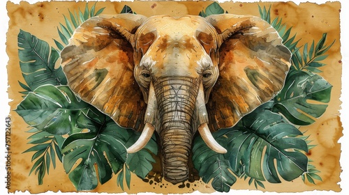 a painting of an elephant with large tusks and large green leaves around it's neck and trunk.