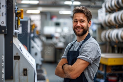 Smiling technician with arms crossed standing in a print shop photo