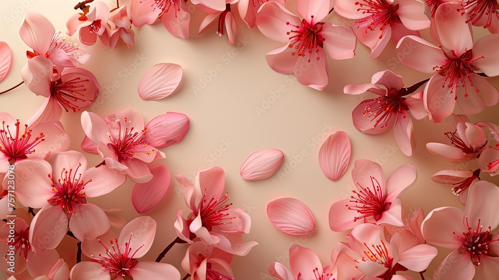 peach blossoms laid flat on a desktop, offering a captivating view of deep pink flowers with a hint of red, showcasing a fresh color tone and plenty of bright, well-lit space for text. peach blossoms laid flat on a desktop, offering a captivating view of deep pink flowers with a hint of red, showcasing a fresh color tone and plenty of bright, well-lit space for text.