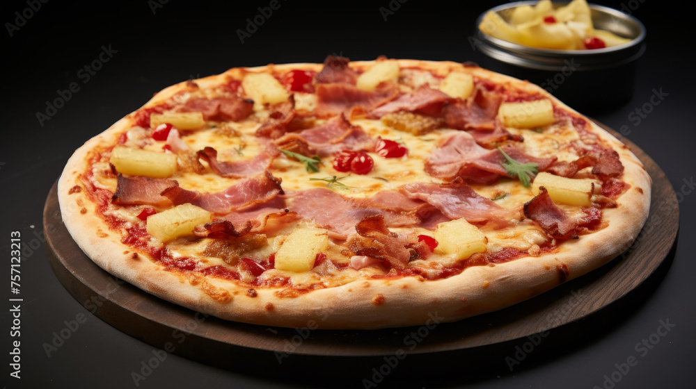 Hawaiian pizza with ham and pineapple on concrete background, top view with copy space