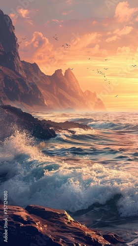 Vertical oceanscape of sea at sunrise with dramatic skyline and waves crashing.