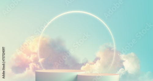 Transparent fluffy clouds form a realistic product podium stage, set against a soft pastel color background