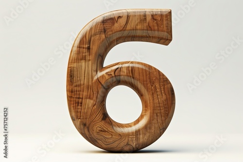 Cute wooden number 6 or six as wooden shape, white background, 3D illusion, storybook style photo