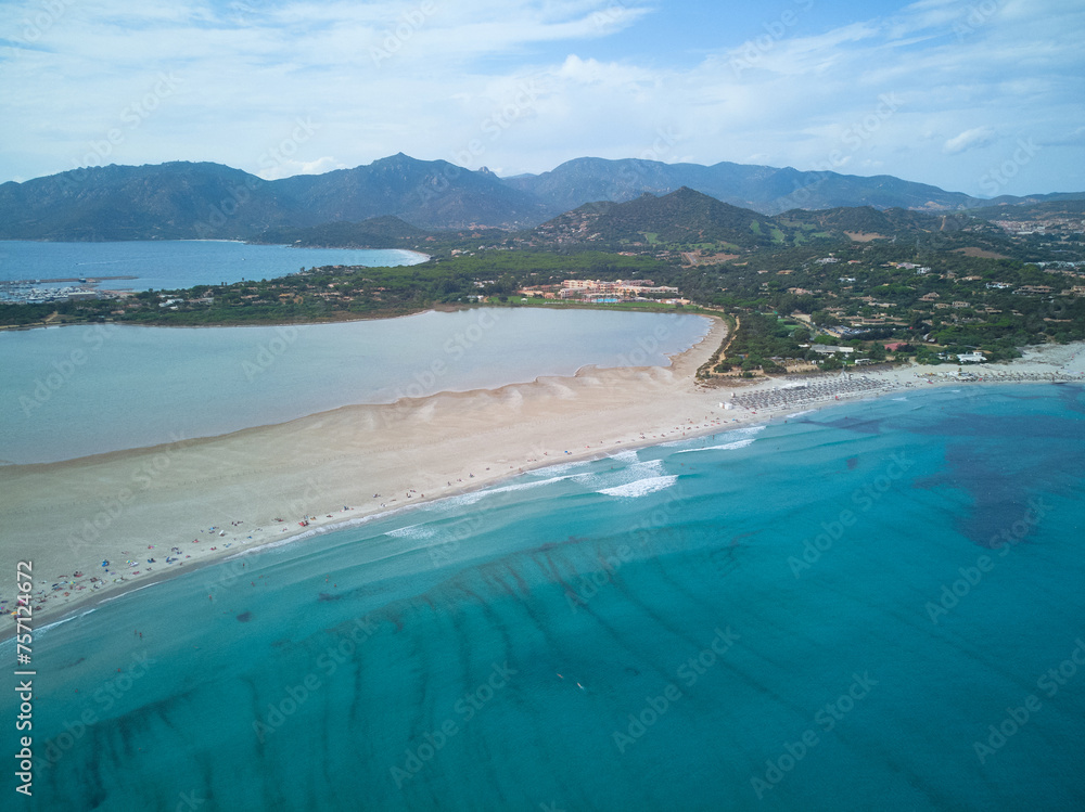 Fototapeta premium Simius Beach near Villasimius, Sardinia, Italy. drone.