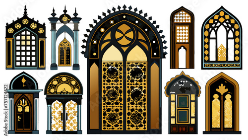 Arabic arch windows and doors in traditional islamic style vector set. Ramadan frame shape. Arabic style arches. Islamic door window and arch design