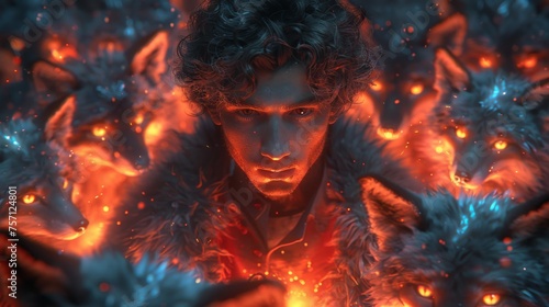 a man in a fur coat surrounded by glowing orange and blue furs and glowing red eyes and glowing orange eyes. photo