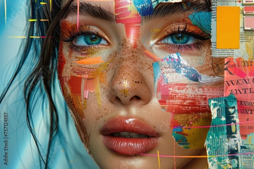 A colorful collage of various beauty product, fashion and makeup brand ads on the right side of an attractive woman's face, featuring vibrant colors  photo