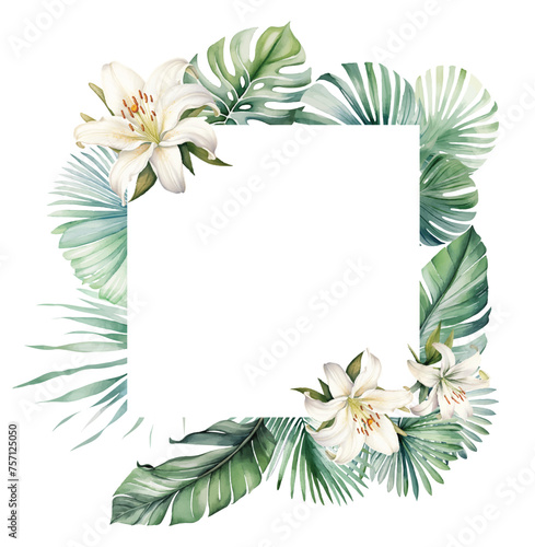 Watercolor tropical wreath with white flowers and green palm leaves isolated illustration