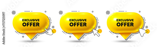 Chat speech bubble 3d icons. Exclusive offer tag. Sale price sign. Advertising discounts symbol. Exclusive offer chat offer. Speech bubble banners. Text box balloon. Vector