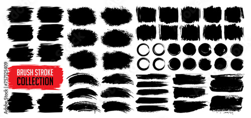 Black paint brush stroke, ink splash, grunge watercolor texture effect and grungy frame set for social media business background. Vector torn or rip paper or paint brush silhouette decoration ornament