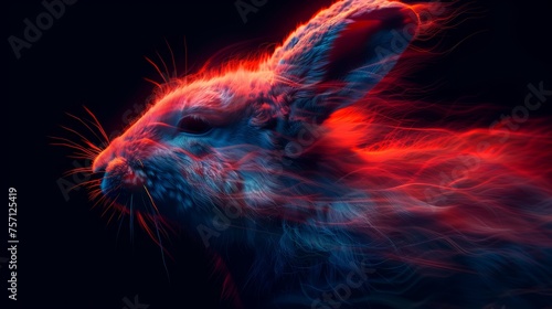 a close up of a rabbit's face with red and blue light coming out of it's ears.