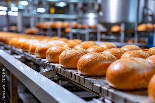 Freshly baked bread on a conveyor belt
