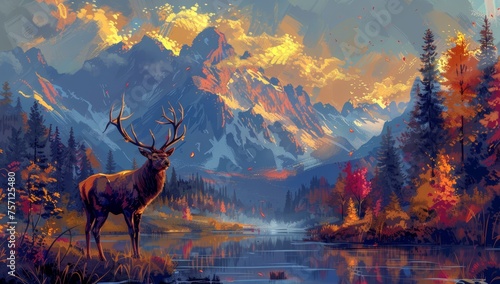Deer with large antlers standing in front of mountains, forest and river, autumn colors/