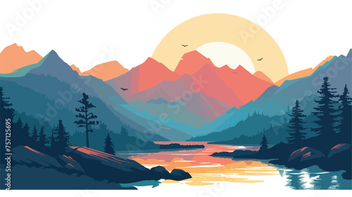 Vector image of a mountain with river landscape 
