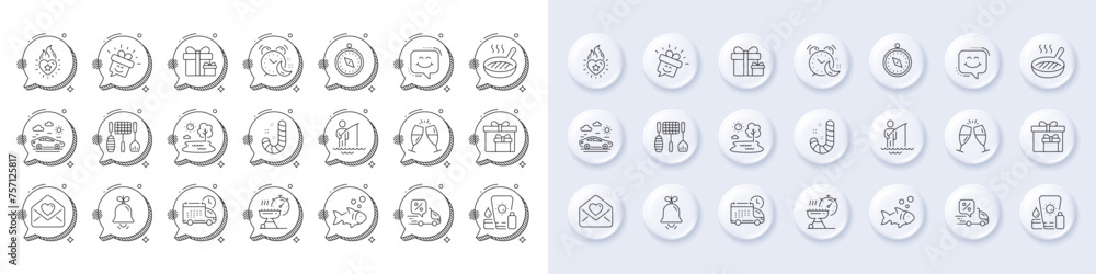 Delivery, Delivery boxes and Fisherman line icons. White pin 3d buttons, chat bubbles icons. Pack of Lake, Heart flame, Smile icon. Candy, Car travel, Fish pictogram. Vector Delivery, Delivery boxes and Fisherman line icons. White pin 3d buttons, chat bubbles icons. Pack of Lake, Heart flame, Smile icon. Candy, Car travel, Fish pictogram. Vector