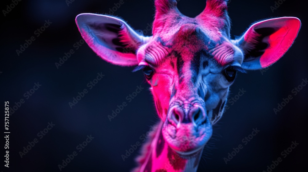 a close up of a giraffe's face with red and blue light coming from it's eyes. a close up of a giraffe's face with red and blue light coming from it's eyes.