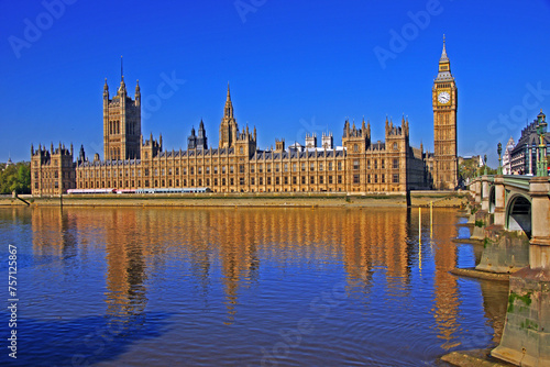 Big Ben and Houses of Parliament with bridge in London, England, UK