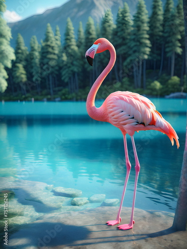 Majestic Pink Flamingo in Crystal-Clear Azure Lake . generative AI