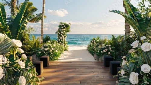 a unique wedding ceremony  featuring breathtaking ocean views and lush jungle surroundings  adorned with an abundance of elegant white roses and sleek black designer chairs.