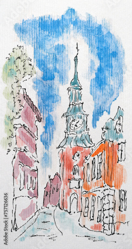 City sketch created with liner and watercolors. Color illustration on watercolor paper