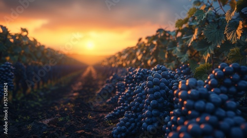 a bunch of grapes that are growing in a field with the sun setting in the backgrounge of the picture. photo