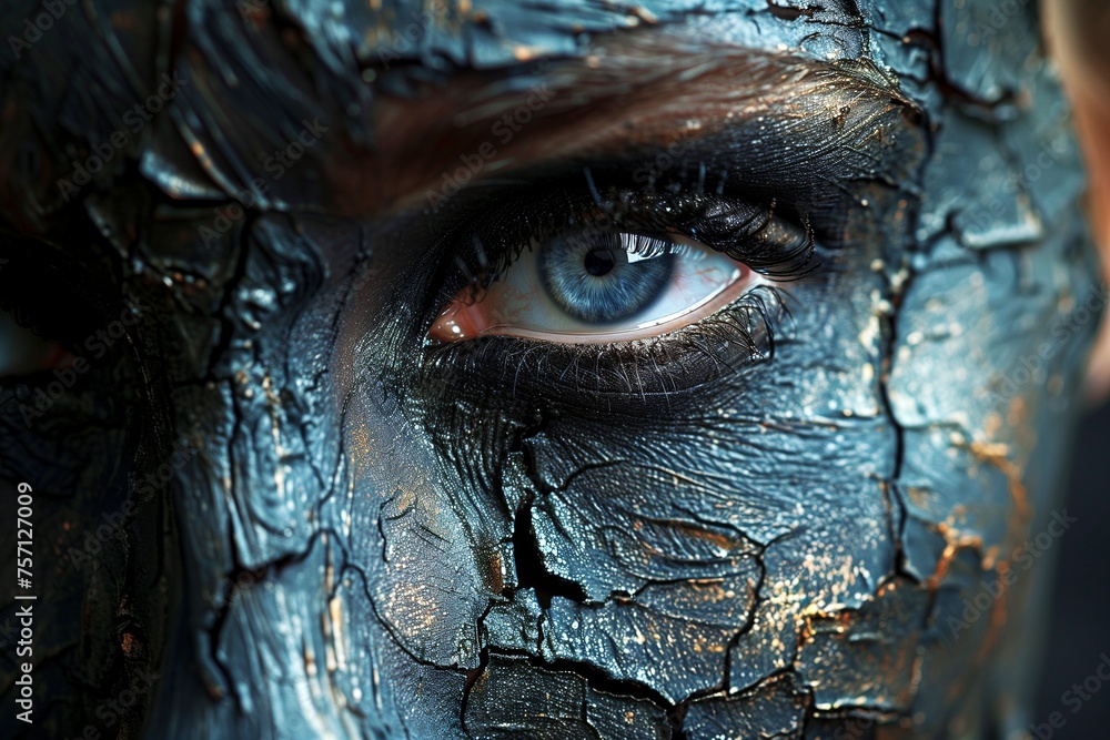 This intense close-up captures the vivid detail of an eye, contrasting sharply against a dramatic cracked skin effect that suggests depth and raw emotion. This intense close-up captures the vivid detail of an eye, contrasting sharply against a dramatic cracked skin effect that suggests depth and raw emotion.
