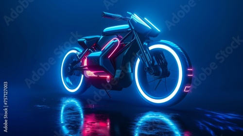 A sleek motorcycle with a wheel glowing in vibrant light  ready to cruise through the neon city streets