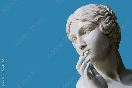 Muse sculpture, nymph head pensive pose. 3d rendering black and white Greek Goddess statue photo