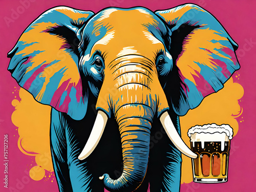 Cute mammoth elephant drinking beer in celebration