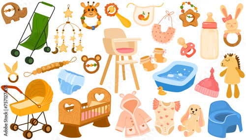 Newborn accessories. Baby care items, cradles, toys, baby clothes, milk bottles and rattles, rubber pacifier and diaper, stroller, feeding chair, bathing tub. Maternity and childhood vector set. 