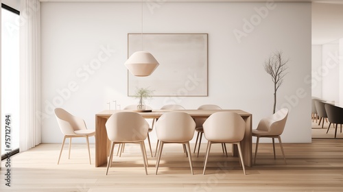 Design a minimalist dining room with a simple table and sculptural chairs