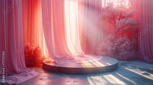 A dreamy pink-colored podium with a flower, 3D product render stand, set against a minimal abstract background, creating a beautiful and serene space, ideal for showcasing products or designs in a stu