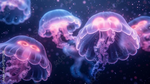 a group of jellyfish floating on top of a blue and pink ocean floor next to another group of jellyfish floating on top of a blue and pink and purple ocean floor.