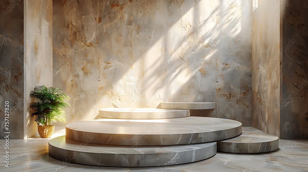 Transform your product presentation with a stunning 3D stone catwalk background scene featuring a geometric platform, perfect for displaying beauty products with elegance and sophistication