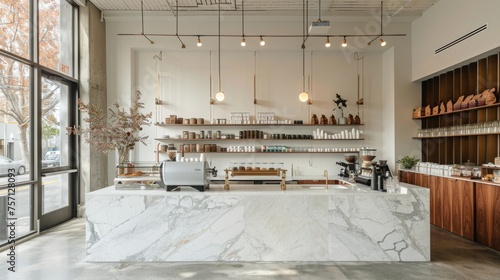 Experience the essence of modern minimalism in this coffee shop, where elegant marble detailing meets warm wooden textures and streamlined design. © doraclub