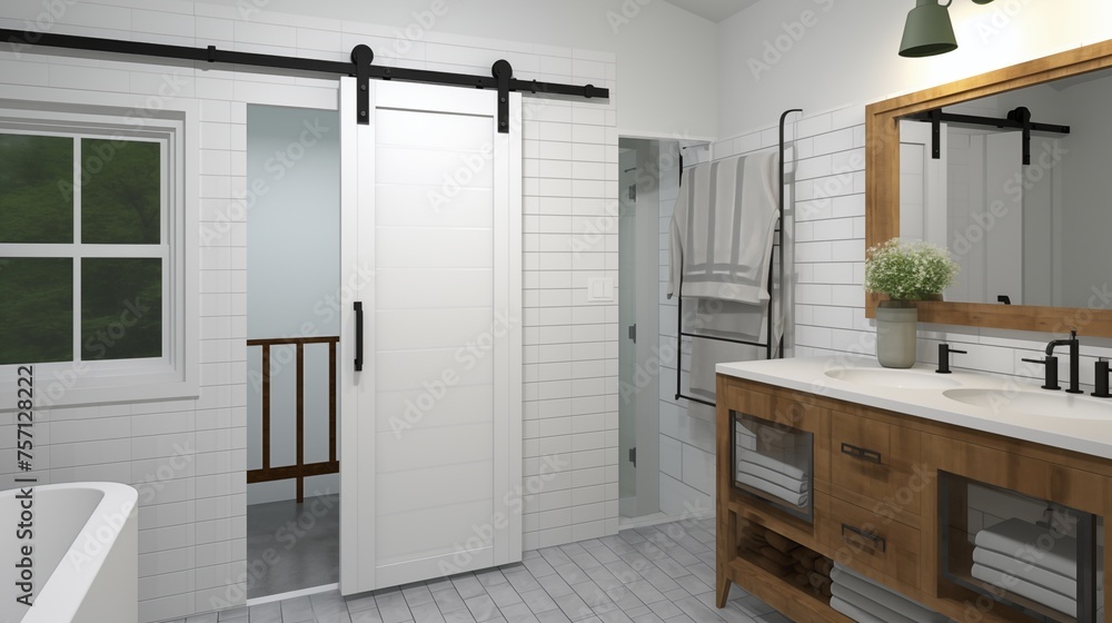 Design a modern farmhouse bathroom with a sliding barn door and subway tile Design a modern farmhouse bathroom with a sliding barn door and subway tile